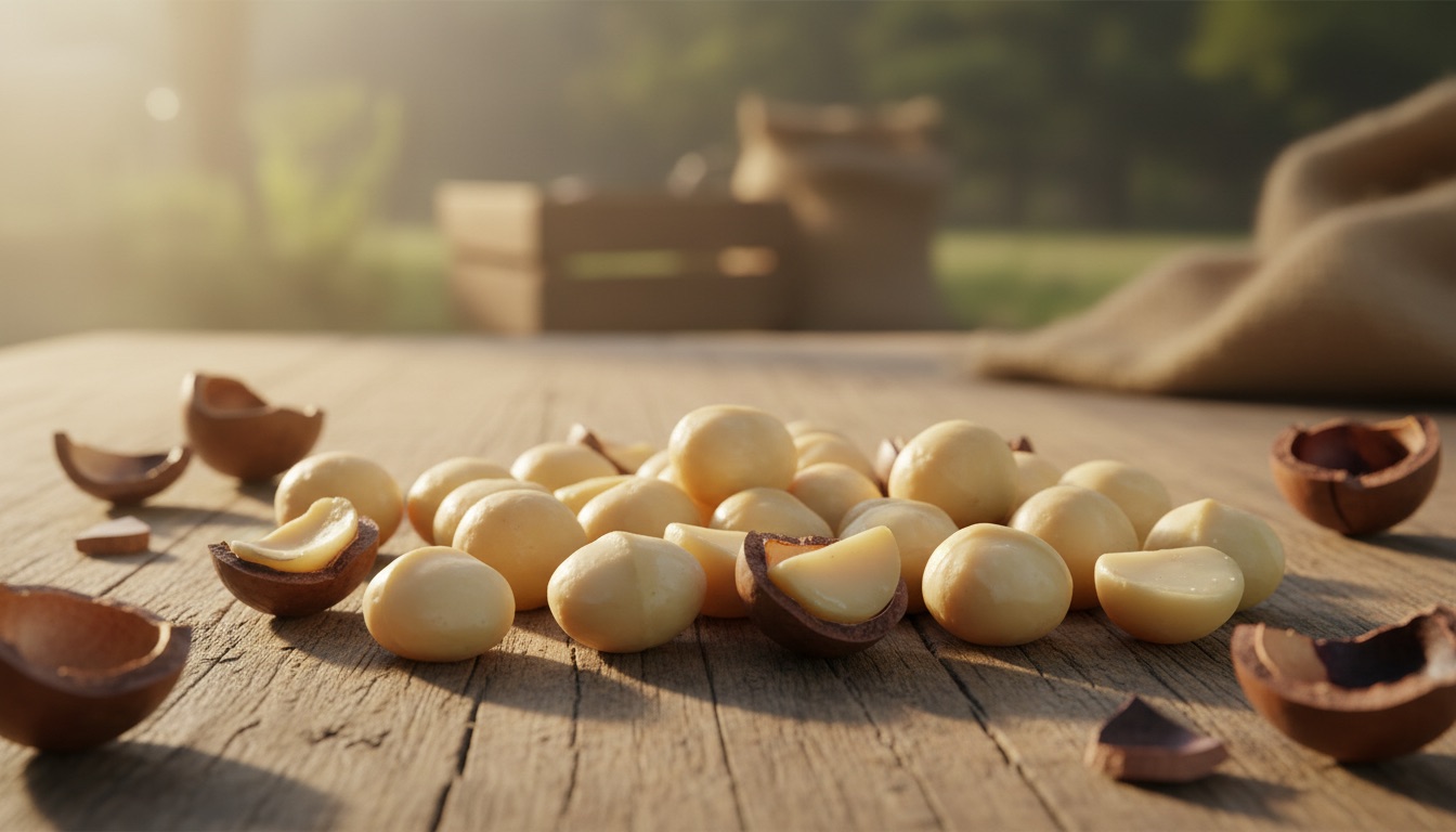 Fresh-cracked macadamia kernels on a wooden table at our Kenyan farm